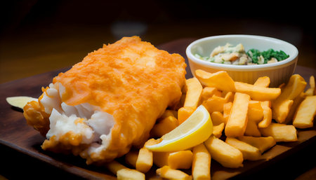 Fish and chips is a classic comfort food dish that originated in the United Kingdom. battered and deep-fried fish, usually cod or haddock, served with thick-cut French fries, also known as "chips"の素材