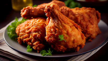 fried chicken. It highlights the key components that make up a well-made plate of fried chicken, including freshly prepared chicken, a variety of seasonings and a crispy and light batter or coating.の素材