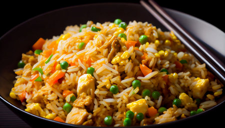 Fried Rice explores is typically made by stir-frying cooked rice with a variety of ingredients such as vegetables, eggs, meat or seafood, and seasoning it with sauces and spices to give it flavor.の素材