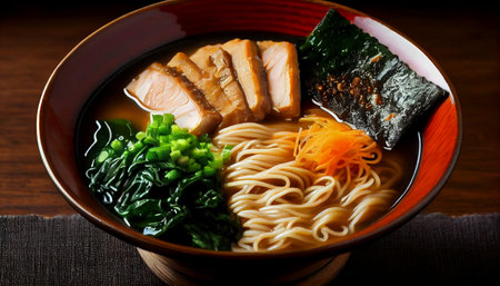 ramen, a Japanese noodle soup dish that has gained popularity for its presentation and complex flavors. a wheat noodles served made from ingredients simmered for hours to extract maximum flavor.の素材