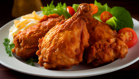 fried chicken. It highlights the key components that make up a well-made plate of fried chicken, including freshly prepared chicken, a variety of seasonings and a crispy and light batter or coating.の素材