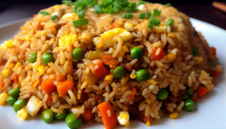 Fried Rice explores is typically made by stir-frying cooked rice with a variety of ingredients such as vegetables, eggs, meat or seafood, and seasoning it with sauces and spices to give it flavor.の素材