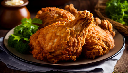 fried chicken. It highlights the key components that make up a well-made plate of fried chicken, including freshly prepared chicken, a variety of seasonings and a crispy and light batter or coating.の素材