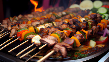kebab, Skewered meat, such as beef, chicken, or lamb, is marinated in a blend of spices and then grilled over an open flame to give it a smoky, charred flavor.の素材