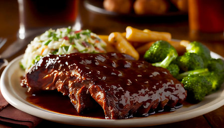 the BBQ ribs - a meaty plate of slow-cooked pork ribs that are fall-off-the-bone tender, grilled  to give them a crispy, caramelized exterior, and slathered in a rich and savory barbecue sauce.の素材