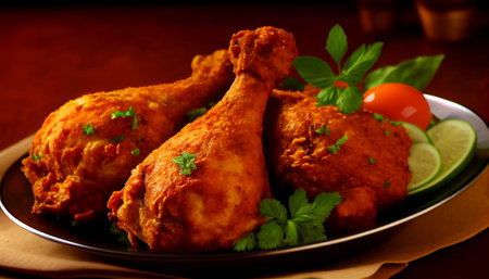 fried chicken. It highlights the key components that make up a well-made plate of fried chicken, including freshly prepared chicken, a variety of seasonings and a crispy and light batter or coating.の素材