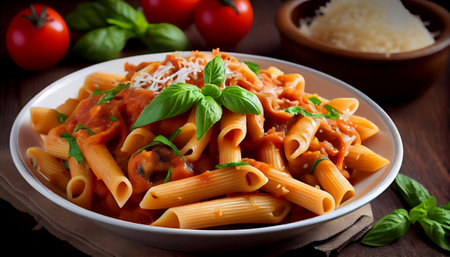 pasta dish features tossed in a rich tomato-based marinara sauce. The sauce is seasoned to perfection with aromatic herbs and spices and topped with generous shavings of Parmesan cheese.の素材