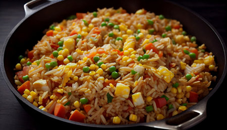 Fried Rice explores is typically made by stir-frying cooked rice with a variety of ingredients such as vegetables, eggs, meat or seafood, and seasoning it with sauces and spices to give it flavor.の素材