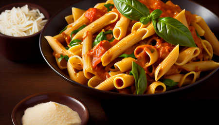 pasta dish features tossed in a rich tomato-based marinara sauce. The sauce is seasoned to perfection with aromatic herbs and spices and topped with generous shavings of Parmesan cheese.の素材