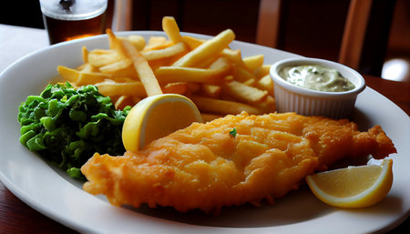 Fish and chips is a classic comfort food dish that originated in the United Kingdom. battered and deep-fried fish, usually cod or haddock, served with thick-cut French fries, also known as "chips"の素材