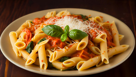 pasta dish features tossed in a rich tomato-based marinara sauce. The sauce is seasoned to perfection with aromatic herbs and spices and topped with generous shavings of Parmesan cheese.の素材