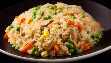 Fried Rice explores is typically made by stir-frying cooked rice with a variety of ingredients such as vegetables, eggs, meat or seafood, and seasoning it with sauces and spices to give it flavor.の素材