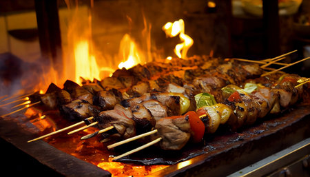 kebab, Skewered meat, such as beef, chicken, or lamb, is marinated in a blend of spices and then grilled over an open flame to give it a smoky, charred flavor.の素材