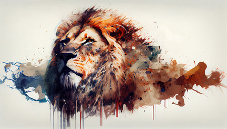 the raw power and regal beauty of lions in a style reminiscent of a legendary artist. The lions with their lush mane blowing in the wind and their piercing eyes fixed on an unseen prey.の素材