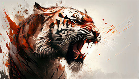 a majestic tiger, created in the style of a legendary artist. The tiger's fur is rendered in intricate detail, with every strand and whisker perfectly captured to create a sense of realism and depth.の素材