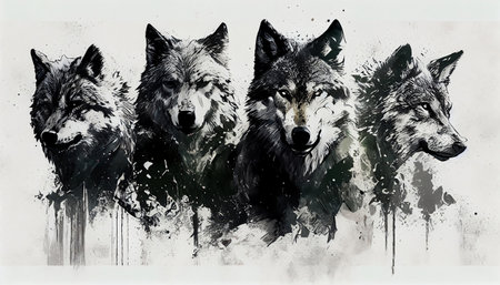 This breathtaking image captures the wild and untamed beauty of a wolf pack in a style reminiscent of a legendary artist. The careful attention to detail in their fur and powerfulの素材