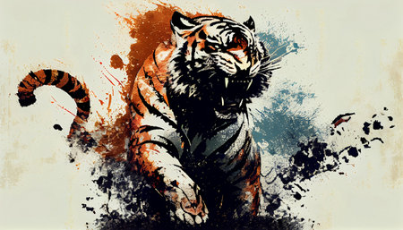 a majestic tiger, created in the style of a legendary artist. The tiger's fur is rendered in intricate detail, with every strand and whisker perfectly captured to create a sense of realism and depth.の素材