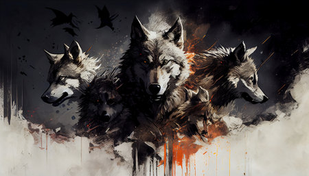 This breathtaking image captures the wild and untamed beauty of a wolf pack in a style reminiscent of a legendary artist. The careful attention to detail in their fur and powerfulの素材