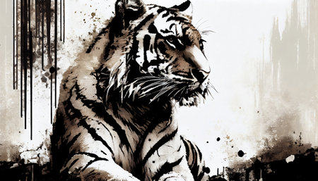 a majestic tiger, created in the style of a legendary artist. The tiger's fur is rendered in intricate detail, with every strand and whisker perfectly captured to create a sense of realism and depth.の素材
