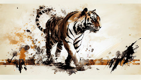 a majestic tiger, created in the style of a legendary artist. The tiger's fur is rendered in intricate detail, with every strand and whisker perfectly captured to create a sense of realism and depth.の素材
