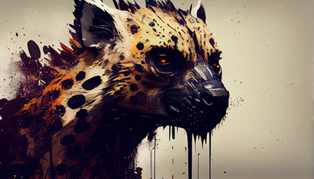 the raw power and beauty of hyenas in a style reminiscent of a legendary artist. The hyenas are depicted in a natural setting, surrounded by the rugged landscape of their habitat.の素材