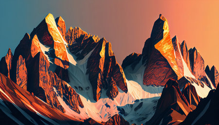 a stunning mountain landscape at sunset, with a fiery red and orange sky serving as the backdrop. The sun is setting below the horizon, emphasizing the contours and shapes of the mountain peaks.の素材