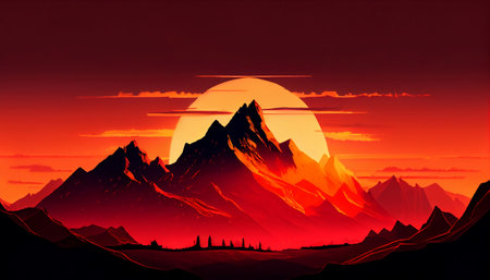a stunning mountain landscape at sunset, with a fiery red and orange sky serving as the backdrop. The sun is setting below the horizon, emphasizing the contours and shapes of the mountain peaks.の素材