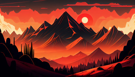 a stunning mountain landscape at sunset, with a fiery red and orange sky serving as the backdrop. The sun is setting below the horizon, emphasizing the contours and shapes of the mountain peaks.の素材