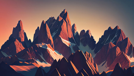 a stunning mountain landscape at sunset, with a fiery red and orange sky serving as the backdrop. The sun is setting below the horizon, emphasizing the contours and shapes of the mountain peaks.の素材