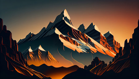 a stunning mountain landscape at sunset, with a fiery red and orange sky serving as the backdrop. The sun is setting below the horizon, emphasizing the contours and shapes of the mountain peaks.の素材