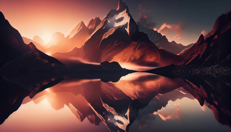 This image captures the beauty of a mountain landscape at sunset, where the sun's rays, creating a stunning and unique perspective. The mountain range is silhouetted against the colorful skyの素材