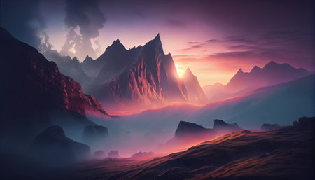 the beauty of a mountain landscape at sunrise, with a low-lying fog that creates an ethereal and mystical. The mountain peaks rise majestically from the fog, their sharp edges softened by the mistの素材