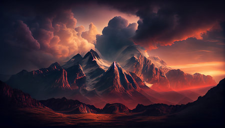 This image captures the awe-inspiring beauty of a mountain range at sunset, with clouds surrounding the peaks to create a dramatic and moody effect. The clouds are thick and heavyの素材