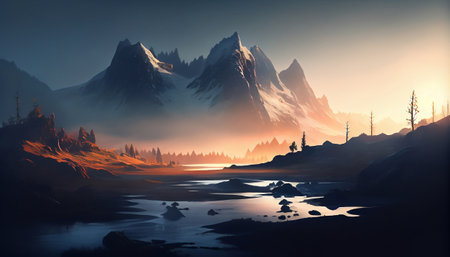 the beauty of a mountain landscape at sunrise, with a low-lying fog that creates an ethereal and mystical. The mountain peaks rise majestically from the fog, their sharp edges softened by the mistの素材