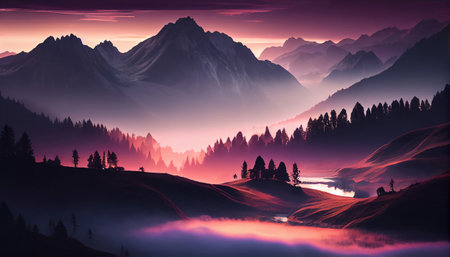 the beauty of a mountain landscape at sunrise, with a low-lying fog that creates an ethereal and mystical. The mountain peaks rise majestically from the fog, their sharp edges softened by the mistの素材