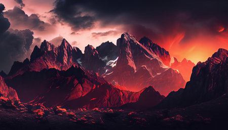 This image captures the awe-inspiring beauty of a mountain range at sunset, with clouds surrounding the peaks to create a dramatic and moody effect. The clouds are thick and heavyの素材