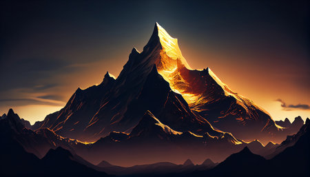 This image depicts a breathtaking view of a mountain peak at sunrise, where the warm golden light of the sun is illuminating the mountain peaks and surrounding landscape.の素材