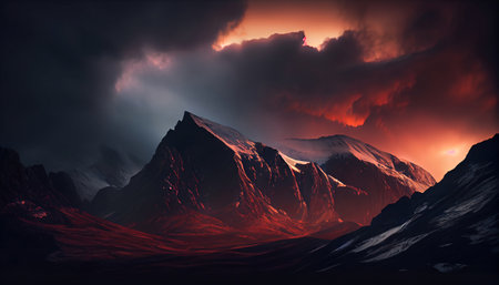 This image captures the awe-inspiring beauty of a mountain range at sunset, with clouds surrounding the peaks to create a dramatic and moody effect. The clouds are thick and heavyの素材