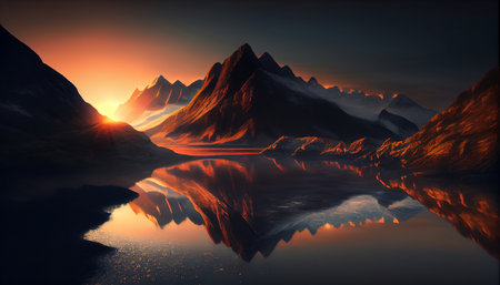This image captures the beauty of a mountain landscape at sunset, where the sun's rays, creating a stunning and unique perspective. The mountain range is silhouetted against the colorful skyの素材