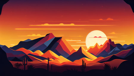 a stunning mountain range at sunrise, where the sun is peeking over the horizon and casting a warm over the landscape. The sky is painted in pastel colors creating a peaceful and serene atmosphereの素材