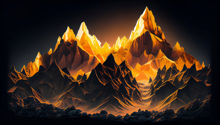 This image depicts a breathtaking view of a mountain peak at sunrise, where the warm golden light of the sun is illuminating the mountain peaks and surrounding landscape.の素材