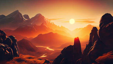 a stunning mountain range at sunrise, where the sun is peeking over the horizon and casting a warm over the landscape. The sky is painted in pastel colors creating a peaceful and serene atmosphereの素材
