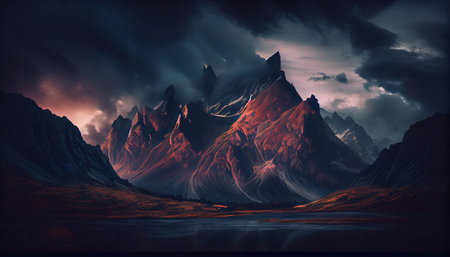 This image captures the awe-inspiring beauty of a mountain range at sunset, with clouds surrounding the peaks to create a dramatic and moody effect. The clouds are thick and heavyの素材