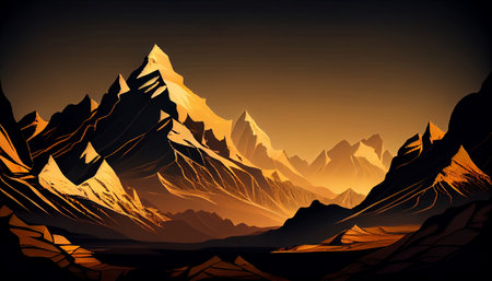 This image depicts a breathtaking view of a mountain peak at sunrise, where the warm golden light of the sun is illuminating the mountain peaks and surrounding landscape.の素材