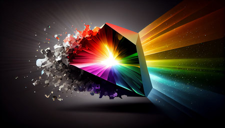 "Prism Burst" is an image that mimics the effect of light passing through a prism, with bright bursts of rainbow-colored light from the center and scattering in all directions.の素材
