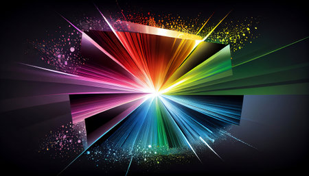 "Prism Burst" is an image that mimics the effect of light passing through a prism, with bright bursts of rainbow-colored light from the center and scattering in all directions.の素材
