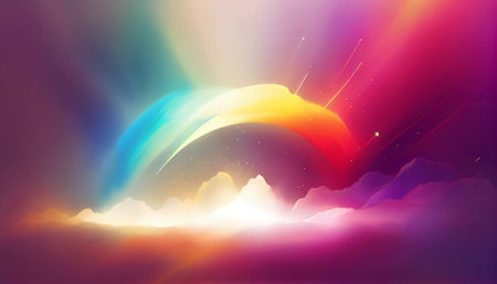 "Rainbow Haze" is an image that creates a dreamy and ethereal atmosphere, featuring a rainbow-colored burst of light and energy that is softened and diffused by a hazy, atmospheric effect.の素材