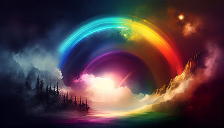 "Rainbow Haze" is an image that creates a dreamy and ethereal atmosphere, featuring a rainbow-colored burst of light and energy that is softened and diffused by a hazy, atmospheric effect.の素材