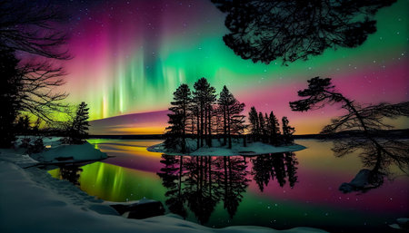 the breathtaking beauty of the Aurora Borealis, a natural light display in the polar regions. colorful and vibrant hues of green, pink, and purple blend seamlessly together, taking up the entire sky.の素材