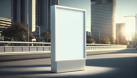 a blank billboard situated in the foreground, providing ample space for showcasing your product. In the background, the cityscape is depicted in a blur, suggesting a bustling urban environment.の素材